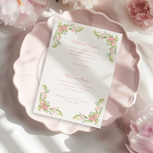 Rococo-Verschnörkelte Blumengrenze Probe-Dinner-Ei Einladung (Von Creator hochgeladen)