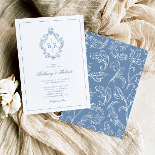 Rococo Vintage Monogramm Blau Hochzeit Einladung