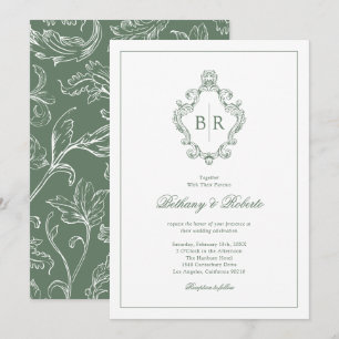 Rococo Vintage Monogramm Hochzeit in Salbeigrün Einladung