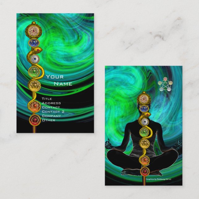 ROD ASCLEPIUS,7 CHAKRAS YOGA LOTUS POSE Blue Green Visitenkarte (Vorne/Hinten)