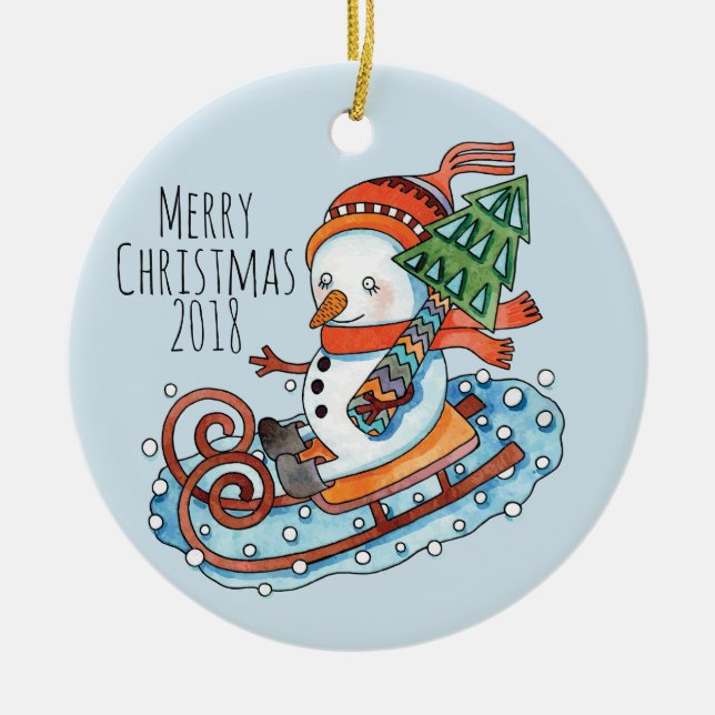 Rodelbahn Snowman Keramik Ornament (Vorne)