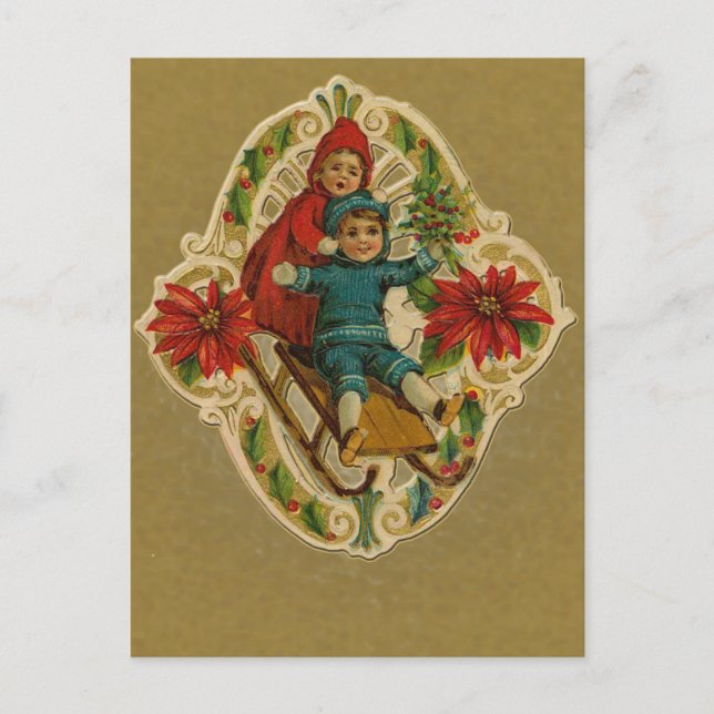 Rodelbahn und Poinsettias Feiertagspostkarte (Vorderseite)