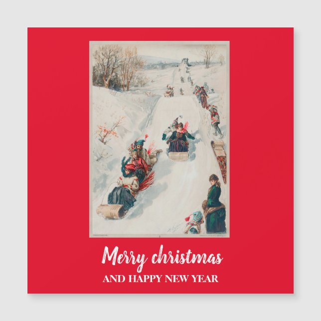 Rodeln" Chromolithograph - Weihnachtsfeiertag Magnetkarte (Vorderseite)