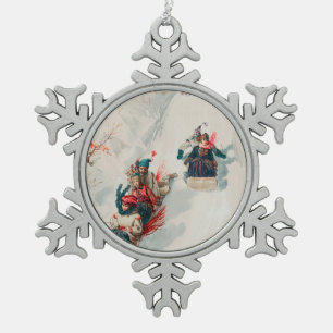 "Rodeln", Chromolithographie, Louis Prang & Co. Schneeflocken Zinn-Ornament