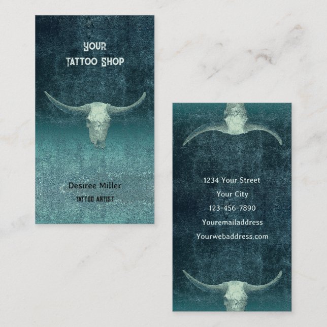 Rodeo Aquamarin Tattoo Shop Rustic Bull Skull Visitenkarte (Vorne/Hinten)