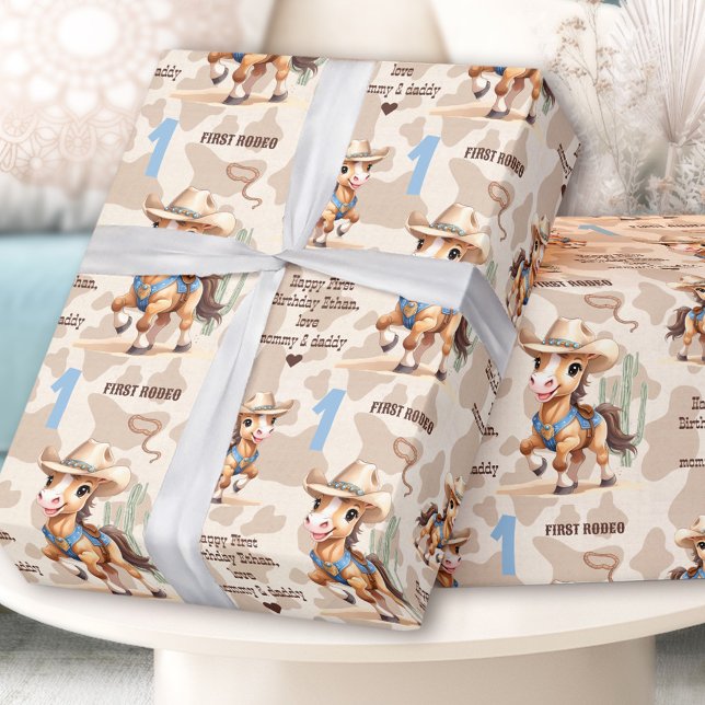 Rodeo Beige Cowboy Horse Western Name 1b Geburtsta Geschenkpapier (Rodeo Beige Cowboy Horse Western Name 1st Birthday Wrapping Paper)