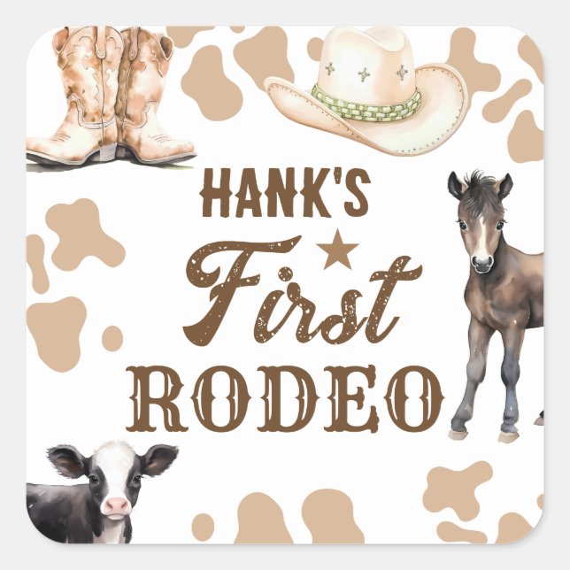 Rodeo Birthday Boy Western Quadratischer Aufkleber (Vorderseite)