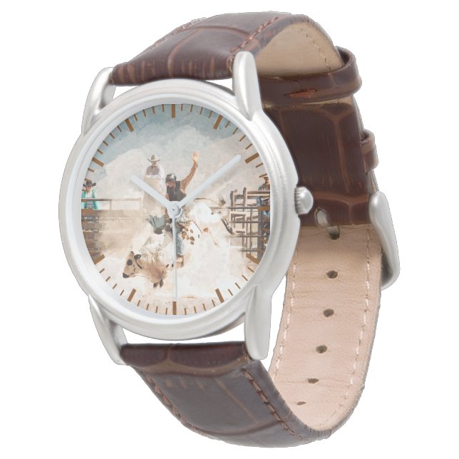 Rodeo Bull Reiten Rustikaler Western Männer Armbanduhr (Schrägansicht)
