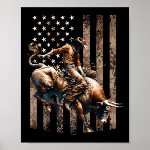 Rodeo Bull Rider Patriotischer Cowboy USA-Flagge W Poster
