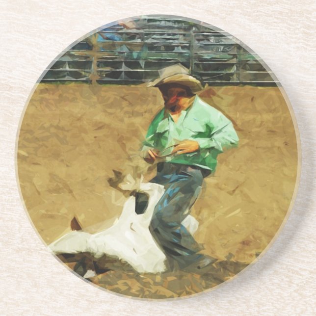 Rodeo Calf Roping Abstrakter Impressionismus Sandstein Untersetzer (Vorne)