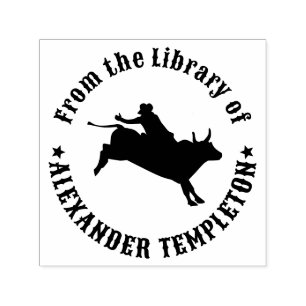 Rodeo-Cowboy auf buckelndem Bullen Bibliotheksbuch Permastempel