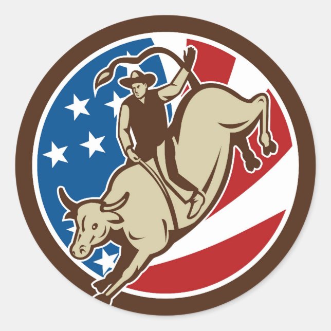Rodeo Cowboy Bulle fahren mit US Flagge Runder Aufkleber (Vorderseite)