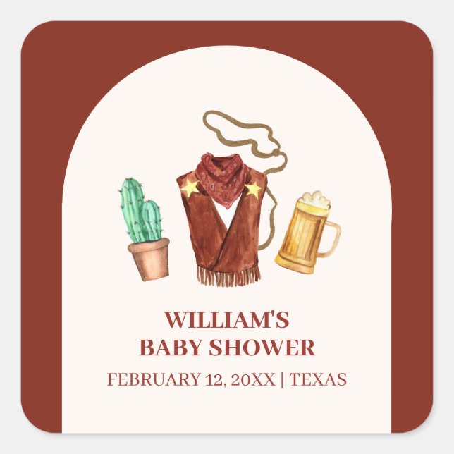 Rodeo Cowboy Cactus Beer Arch Baby Dusche Quadratischer Aufkleber (Vorderseite)