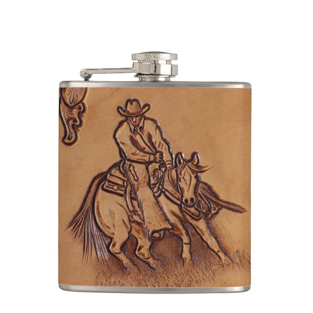 Rodeo-Cowboy Pferderuecken des Westerns lederner Flachmann (Vorderseite)