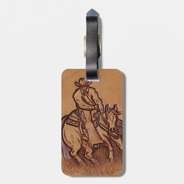 Rodeo-Cowboy Pferderuecken des Westerns lederner Gepäckanhänger (Rückseite vertikal)