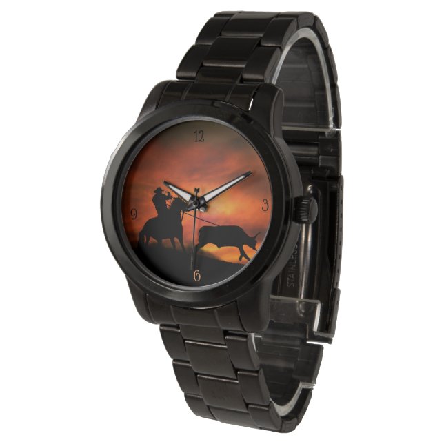 Rodeo Cowboy Steer Roping Armbanduhr (Schrägansicht)