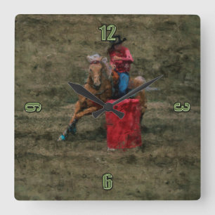 Rodeo Cowgirl Barrel Racing Western Themed Clock Quadratische Wanduhr