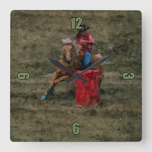 Rodeo Cowgirl Barrel Racing Western Themed Clock Quadratische Wanduhr (Vorderseite)