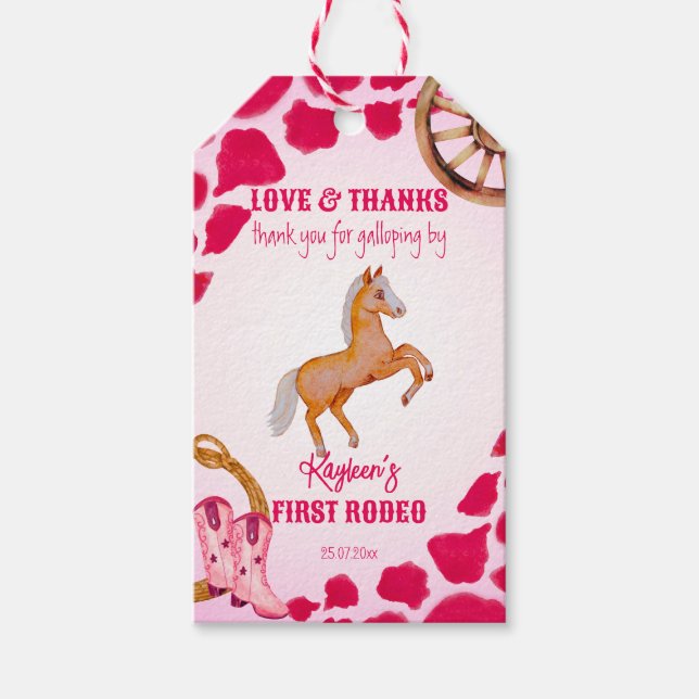 Rodeo Cowgirl Geburtstag rosa Kuh Muster pony Geschenkanhänger (Vorderseite)