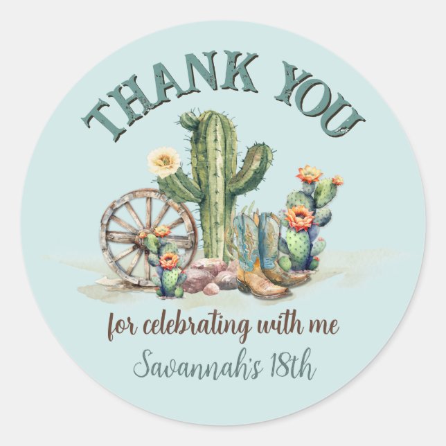 Rodeo Cowgirl Up Floral Cactus danke Runder Aufkleber (Vorderseite)