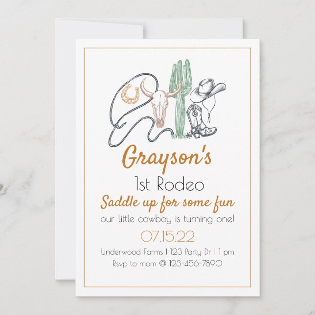 Rodeo, Erster Rodeo Geburtstag, Cowboy Geburtstag, Einladung (Vorderseite)