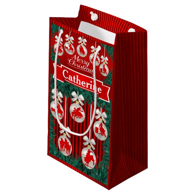 Rodeo Ornamente auf der Red Holiday Geschenktasche Kleine Geschenktüte (Vorderseite Schrägansicht)