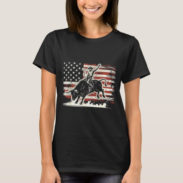 Rodeo Rider Bull Patriotic Cowboy Usa Flag  T-Shirt (Vorderseite)