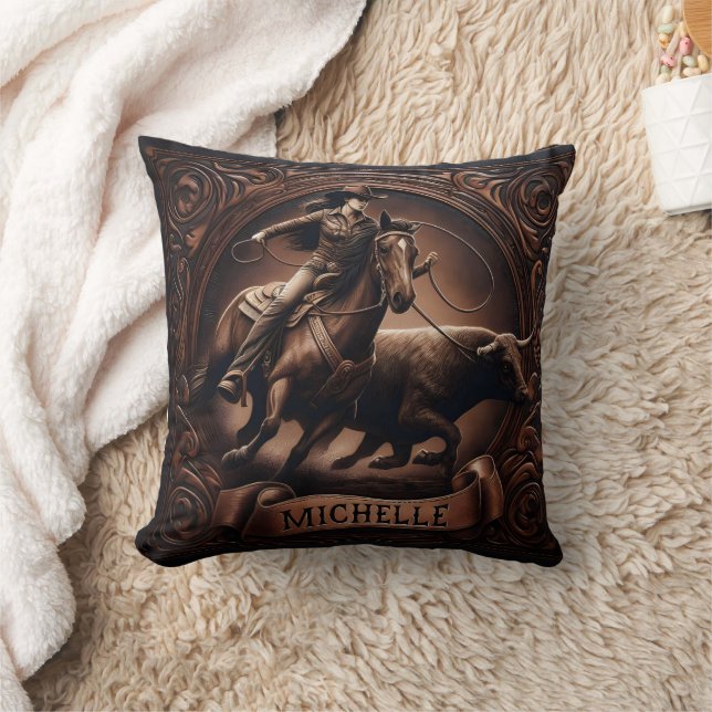 Rodeo Rider Jagen Longhorn bei Sonnenuntergang Kissen (Decke)