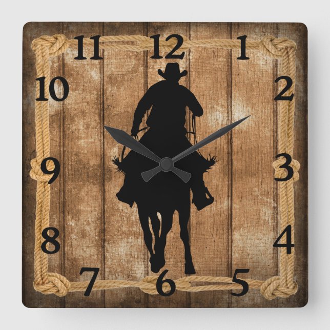 Rodeo Roping Cowboy Horse Silhouette Quadratische Wanduhr (Vorderseite)