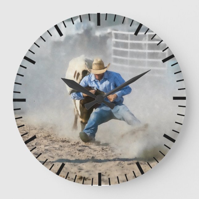 Rodeo Steer Wrestling Competition Western Große Wanduhr (Vorderseite)