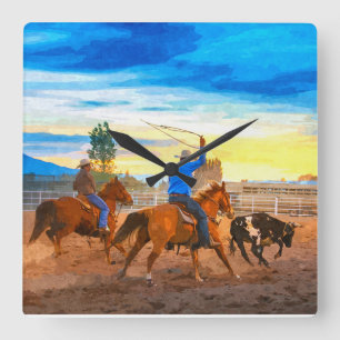 Rodeo-Team-Roping-Sunset-Corral-Rustikal-Western Quadratische Wanduhr