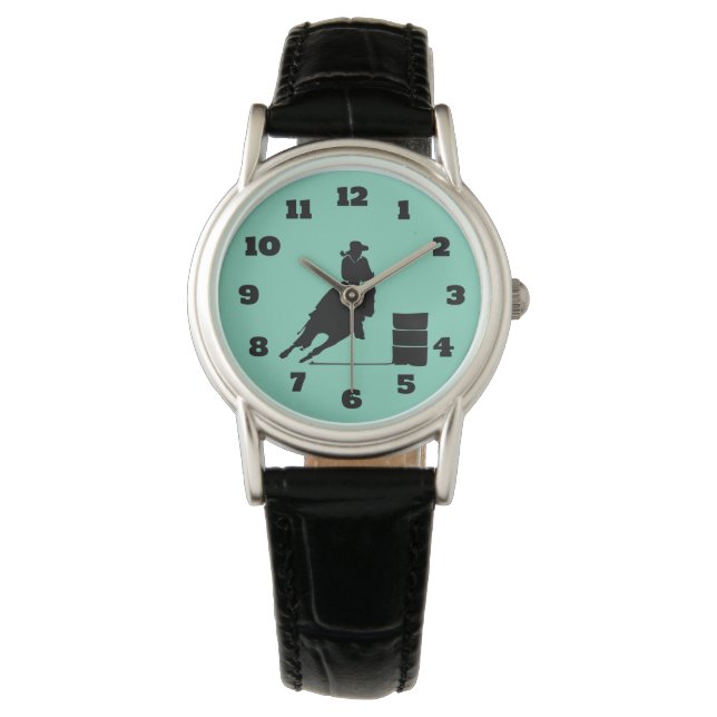 Rodeo Themed Cowgirl Barrel Racing Silhouette Armbanduhr (Vorderseite)