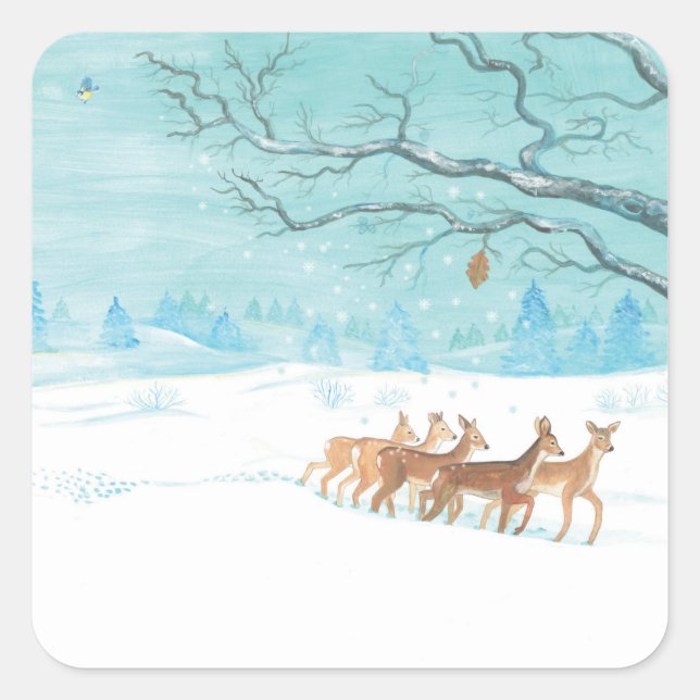 Roe Deer im Winter Quadratischer Aufkleber (Vorderseite)