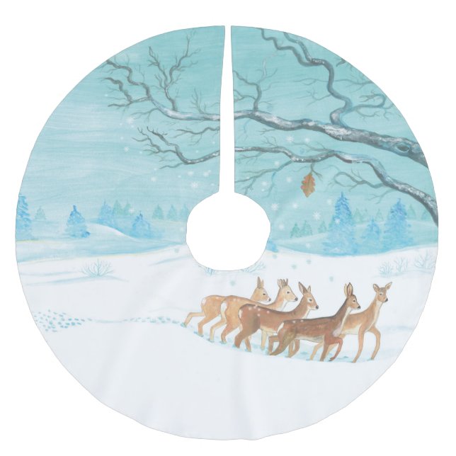 Roe Deer im Winterwald mit Schnee Polyester Weihnachtsbaumdecke (Vorderseite)