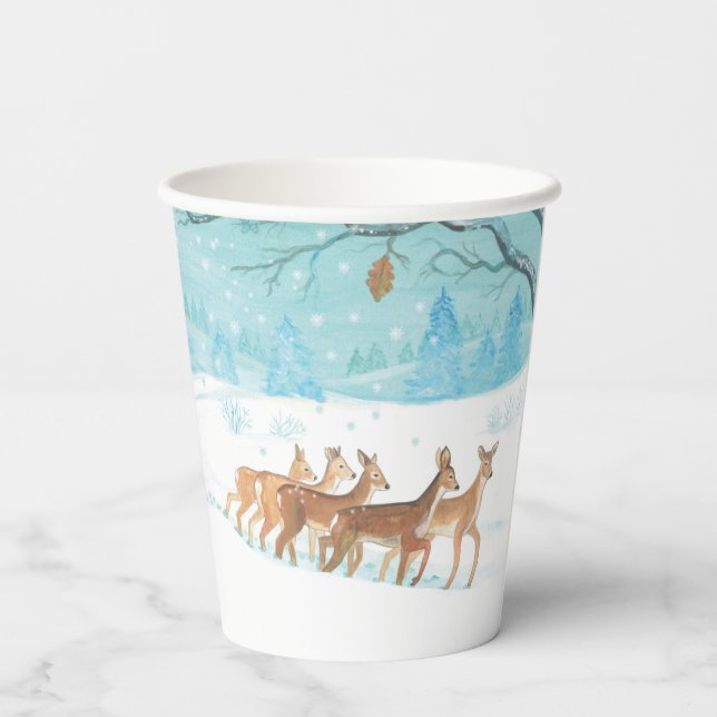 Roe Deer Winterschneewaldlandschaft Pappbecher (Rückseite)
