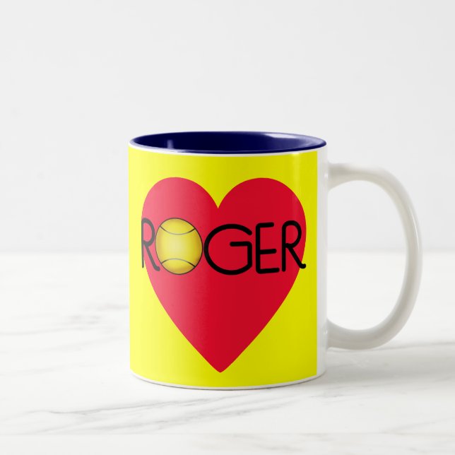 ROGER mit Herzen und Tennisball Zweifarbige Tasse (Rechts)