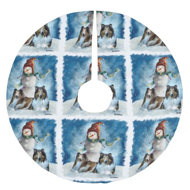 Rogh Collie über Snowman Christmas Polyester Weihnachtsbaumdecke (Vorderseite)