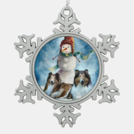 Rogh Collie über Snowman Christmas Schneeflocken Zinn-Ornament