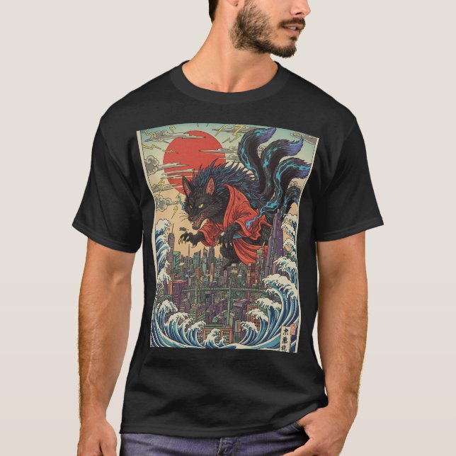 Rogue Wolf Over Neon Tokyo Sunset T-Shirt (Vorderseite)