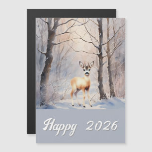 Roh Reh im Winter - Happy 2026 Magnetkarte