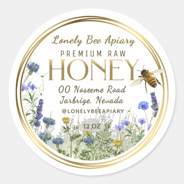 Rohe Honig Wildblumen Flying Bee Gold Rings Runder Aufkleber (Vorderseite)