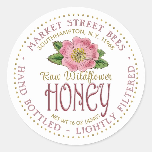 Rohe Wildblume Honey Label Wild Pink Rose Blume Runder Aufkleber (Vorderseite)