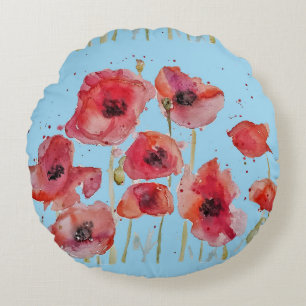 Rohter Mohn auf Blau Wasserfarben Mohn Dekorativ C Rundes Kissen