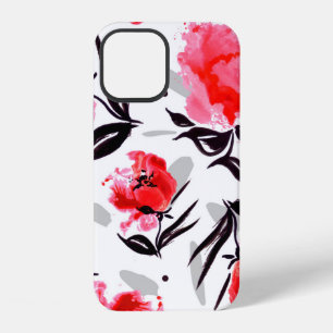 Rohter Mohn auf weißem Hintergrund mit grauen Stre iPhone 12 Hülle