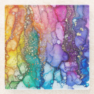 ROINBOW COLORED & GOLD LIQUID SEHEN TEXTLICH AUS GLASUNTERSETZER