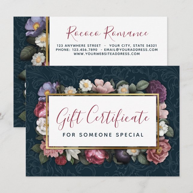 Rokoko Damask & Floral Navy Geschenkkarte Einladung (Vorne/Hinten)
