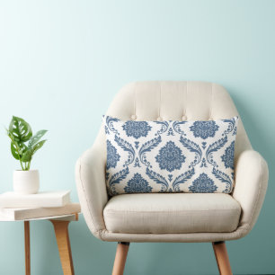 Rokoko-Damask großes Muster Blau auf Weiß Lendenkissen