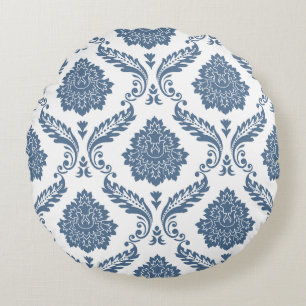 Rokoko-Damask großes Muster Blau auf Weiß Rundes Kissen