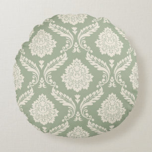 Rokoko-Damask großes Muster Creme auf Grün Rundes Kissen