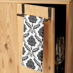 Rokoko-Damask-Wiederholungsmuster Schwarz auf Weiß Geschirrtuch
